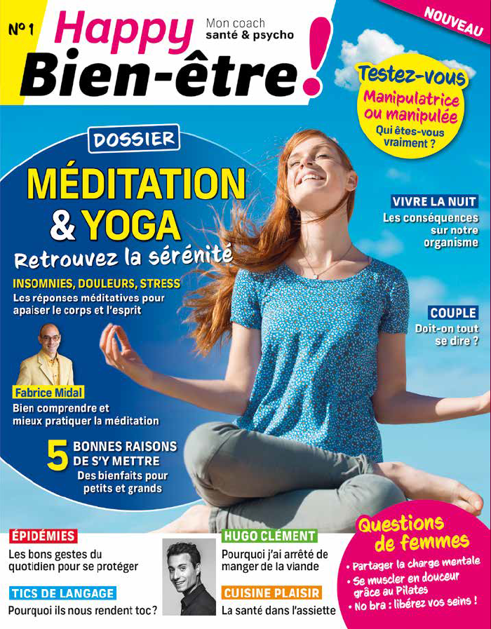 Couverture du premier numéro du magazine Happy Bien-être sur la méditation et le yoga